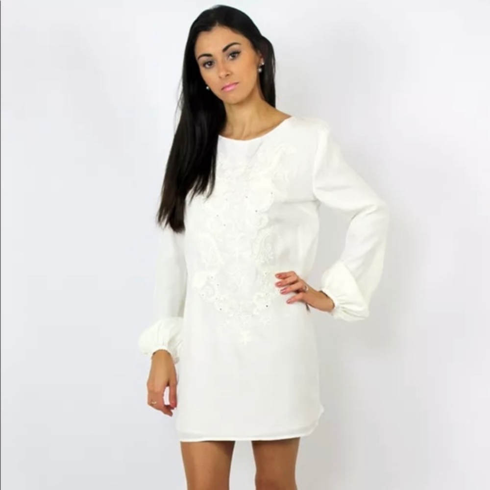 THE JETSET Size L NWT Ivory Embroidered Sheer Marrakesh Long Sleeve Tunic Dress